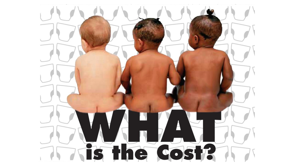 Photo of three babies sitting on text that says "What is the cost?" They are facing away from the viewer and not wearing diapers. There is a diaper pattern in the background.