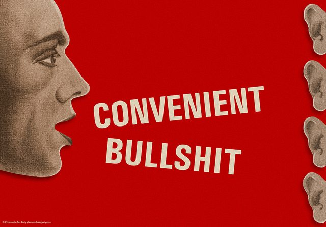 Illustration of a man with the words "Convenient Bullshit" next to his face as he speaks towards four ears.