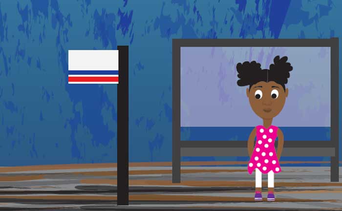illustration of a little girl at a bus stop.