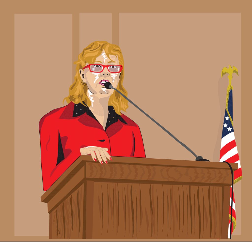 Illustration of Sarandaon, wearing a red blazer, standing at a microphone and podium with a US flag behind her.