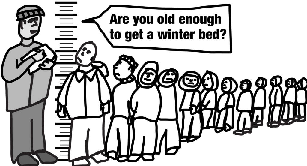 Drawing of youth waiting in line for shelter.