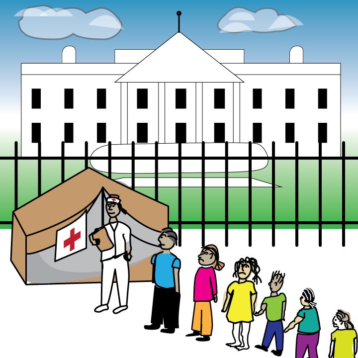 illustration of uncertain healthcare in front of the white house