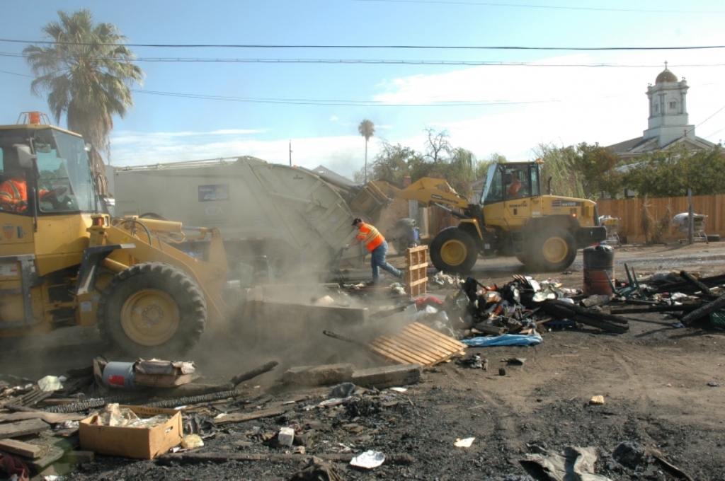 a photo of Downtown Homeless Encampments being destroyed by the city of Fresno