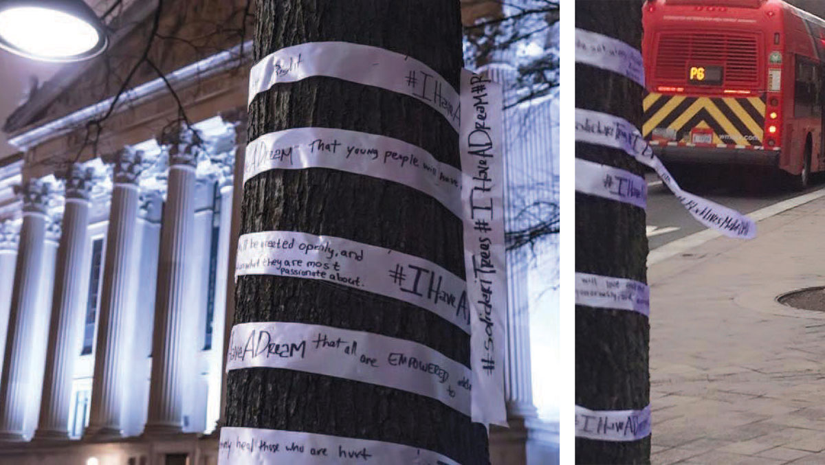 Photo of a tree wrapped in an I Have A Dream reibbon in front of white classical building with columns; photo of a several trees in a row wrapped in I Have A Dream ribbons down a DC street - a Metrobus is driving down the street.