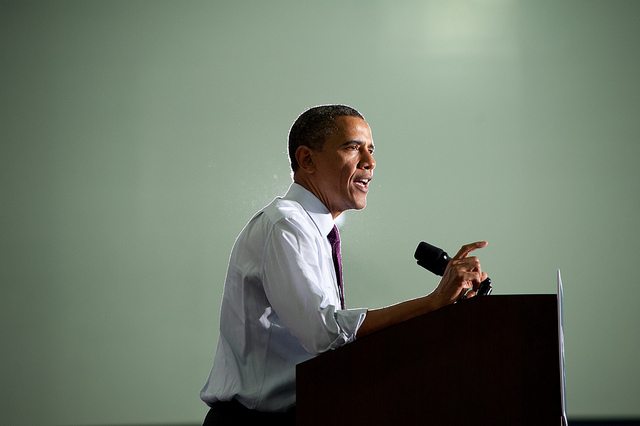 Barack Obama delivering a speech in Tampa