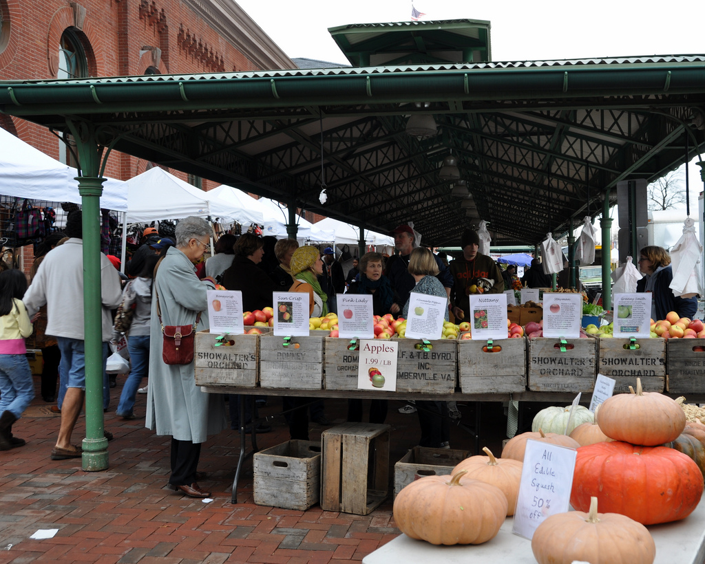 Fruit vendors stall in front of the Eastern Market building in Washington, DC