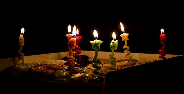 Lit candles on birthday cake