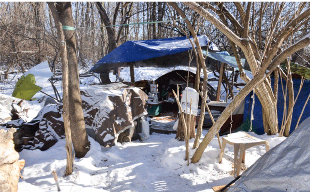 Photo of a Frederick, Maryland makeshift shelter in the snow.