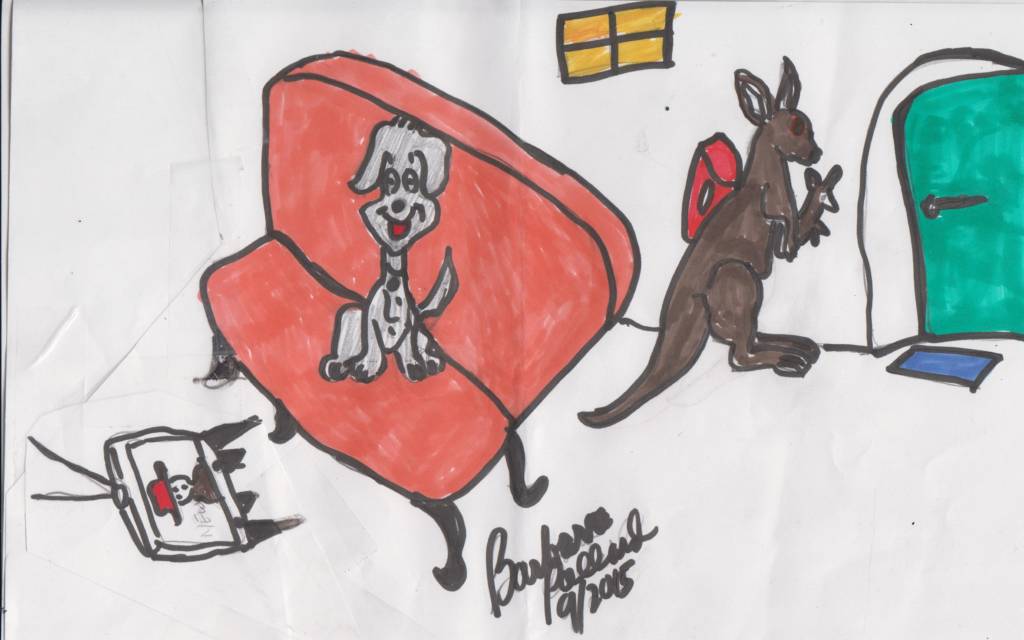 Illustration of a kangaroo ready to leave her home as her husband the dog watches TV.