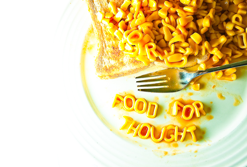 Picture of alphabet pasta spelling out "Food for Thought"