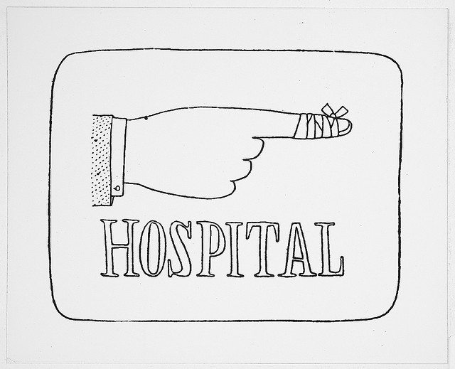 Illustration of a bandaged finger and the word, "Hospital."