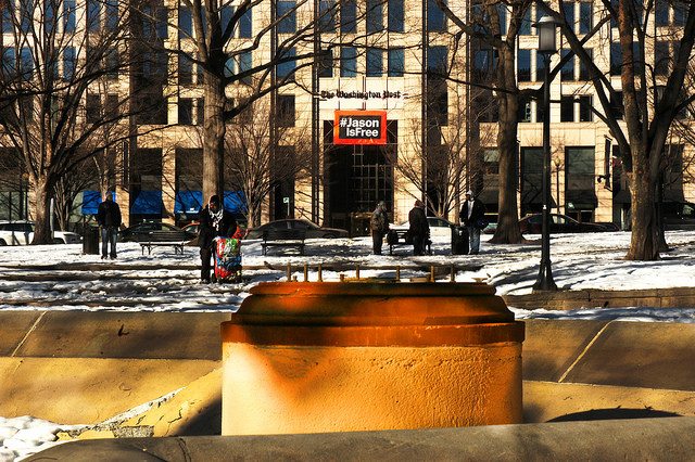 Broken fountain in Franklin Square Park in front of new Washington Post building
