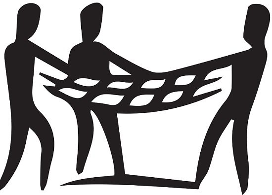 An illustration of three people holding a net.