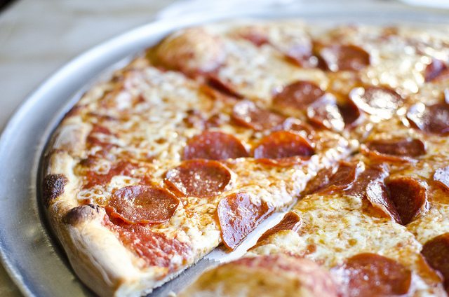 A photograph of a pepperoni pizza