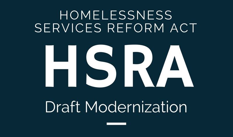 Text graphic saying "Homeless Services Reform Act, HSRA, Draft Modernization"