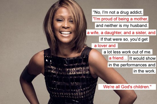 A photo of Whitney Houston with two of her quotes overlayed on it.