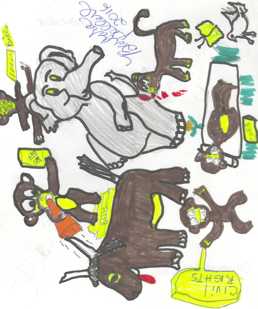 An illustration of a donkey, an elephant and five monkeys