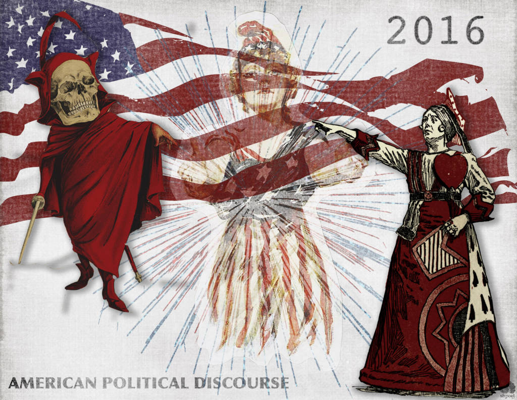 Art showing three figures and an American flag, reads American Political Discourse