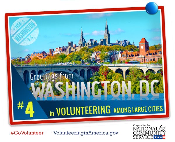 An image of the Washington skyline. In the foreground, there's a river, with a huge white stone bridge with large vaults stretching across it. In the background, there's a quaint, collegiate skyline with green trees and old stone buildings. It's a bright, sunny day. Across the image there is text reading, "WASHINGTON, DC. #4 IN VOLUNTEERING AMONG LARGE CITIES. #GoVolunteer. Volunteeringinamerica.gov." In the lower right corner is the logo for the Corporation for National & Community Service.