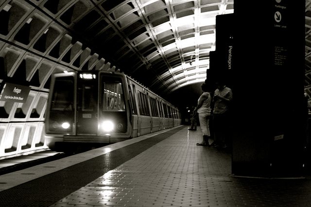 Inside a D.C. metro station, including train