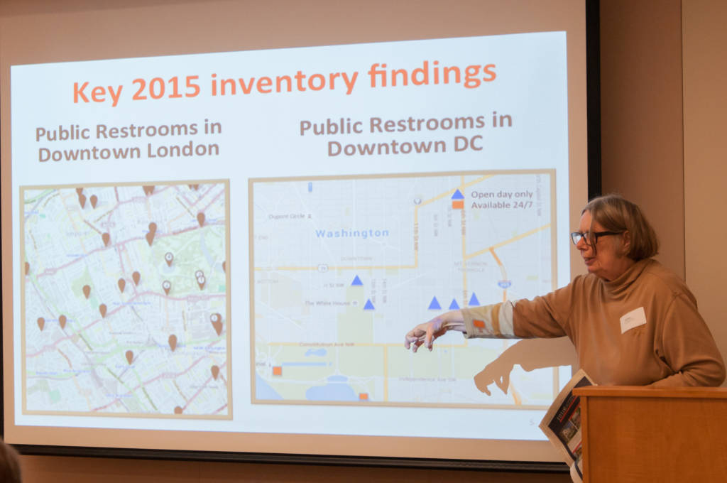 Janet Sharp presents PFFC's Downtown D.C. Public Restroom Committee 2015 inventory findings. She compares two maps: the more numerous public restrooms in downtown London versus the few public restrooms in downtown D.C.