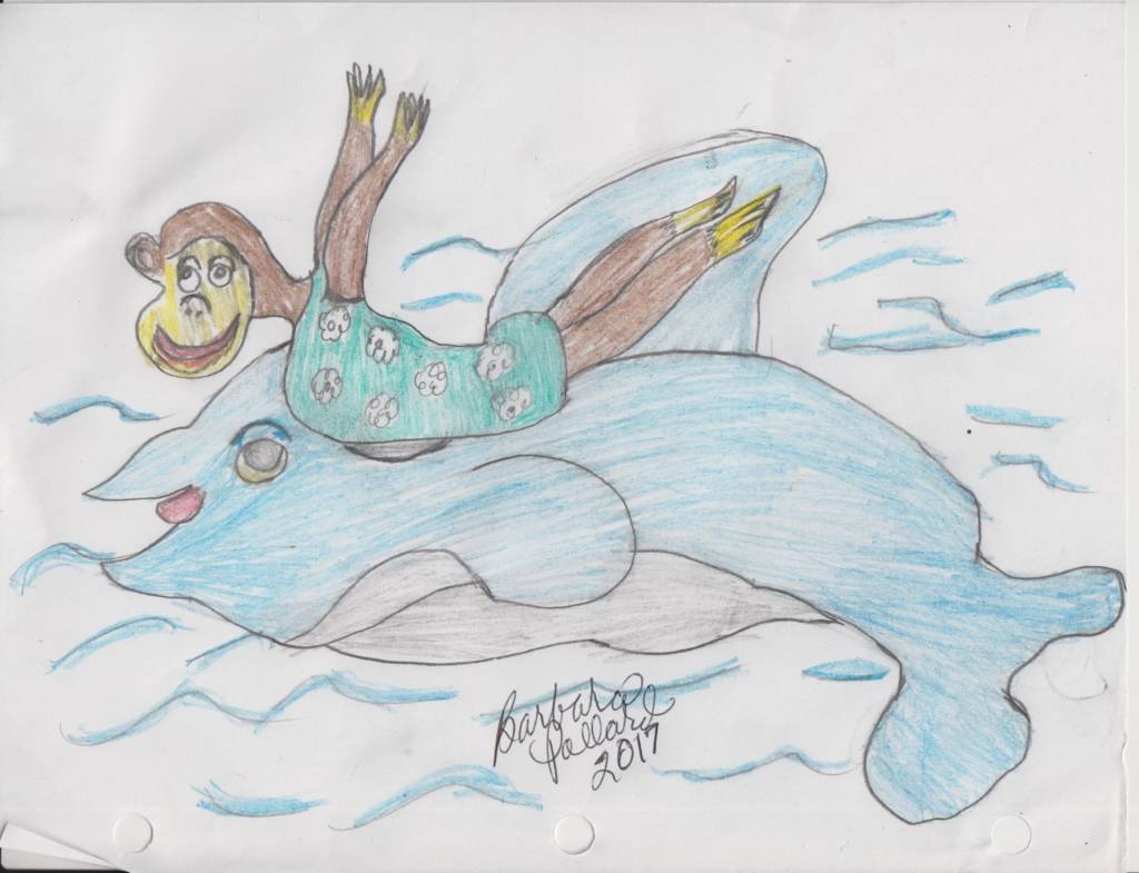 An illustration of a monkey riding a dolphin.