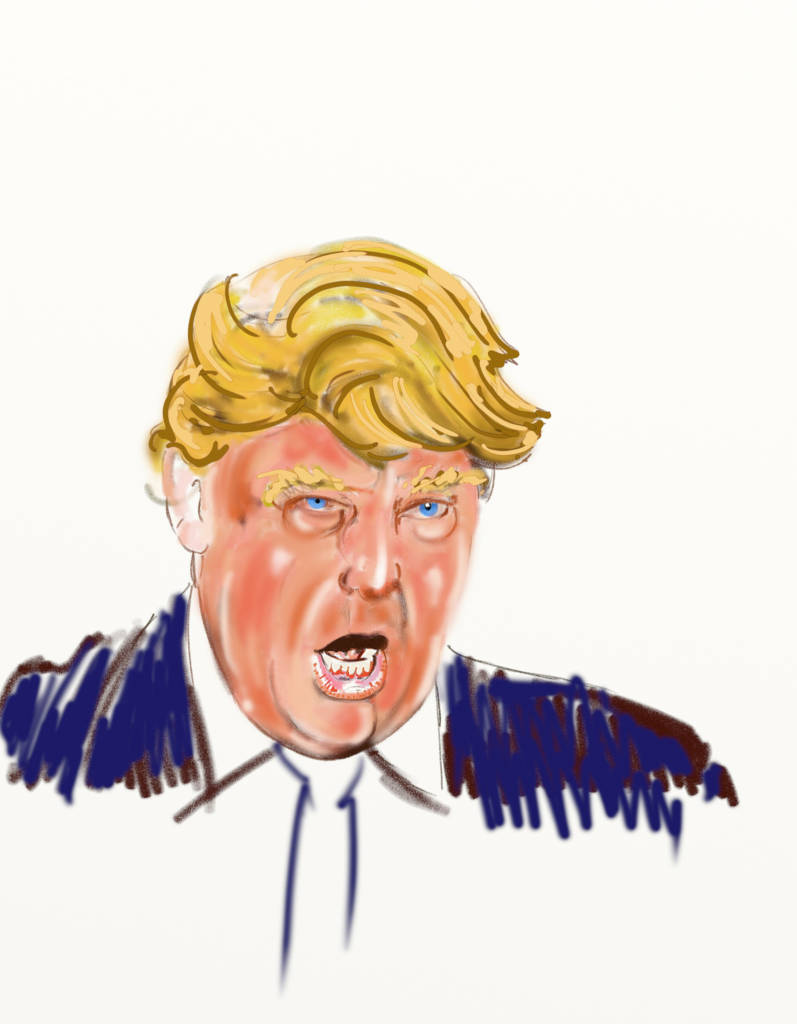 A digital drawing of Donald Trump speaking fiercely.