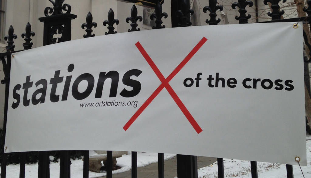 sign outside of a church building, "stations of the cross"