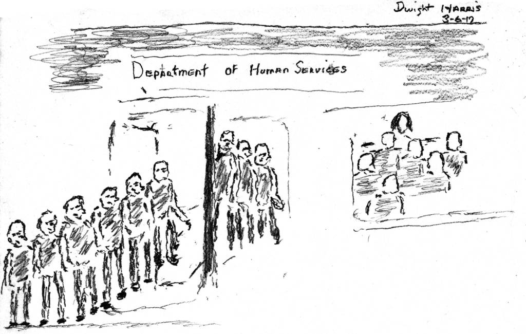 A drawing illustrates a long line outside the Department of Human Services' office.