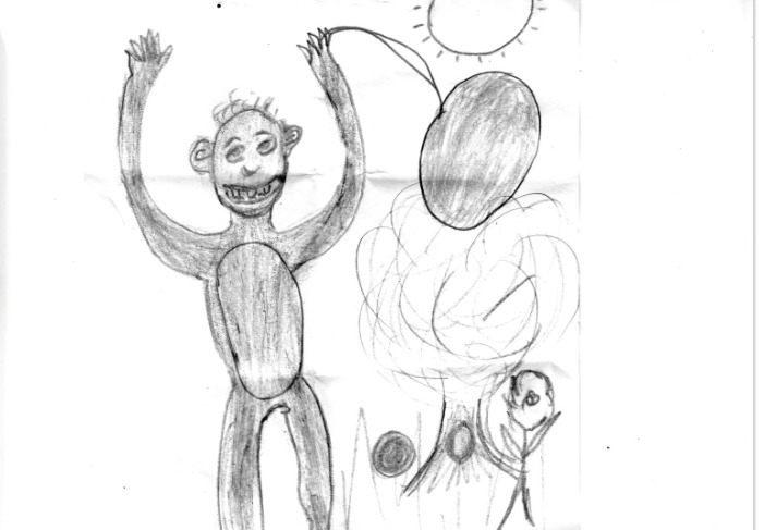 A drawing of a monkey holding a ballon