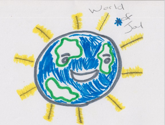 A drawing of a globe that is green and blue. The Globe has a face. "World of Joy" is written at the top in pencil