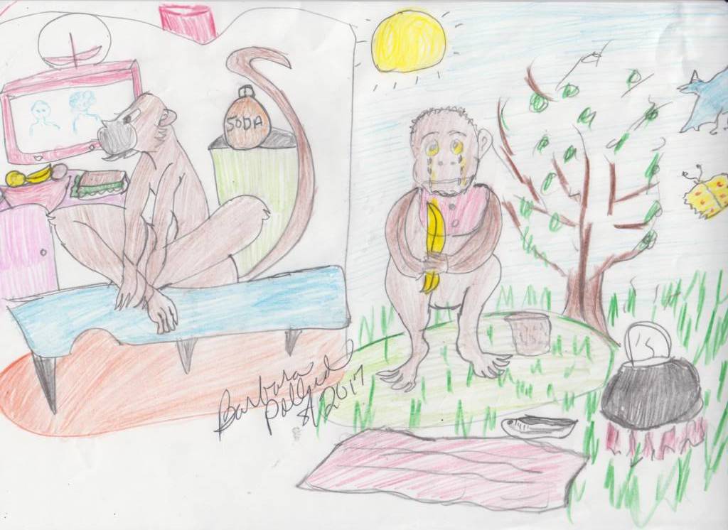 An illustration juxtaposing one monkey inside, watching TV and drinking soda next to another monkey cooking outside next to a blanket and looking sad.