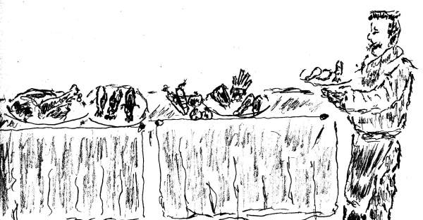 A drawing of a man getting food from a table