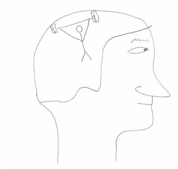Drawing of a profile of a face with a stick figure lifting weights on the inside of the head.