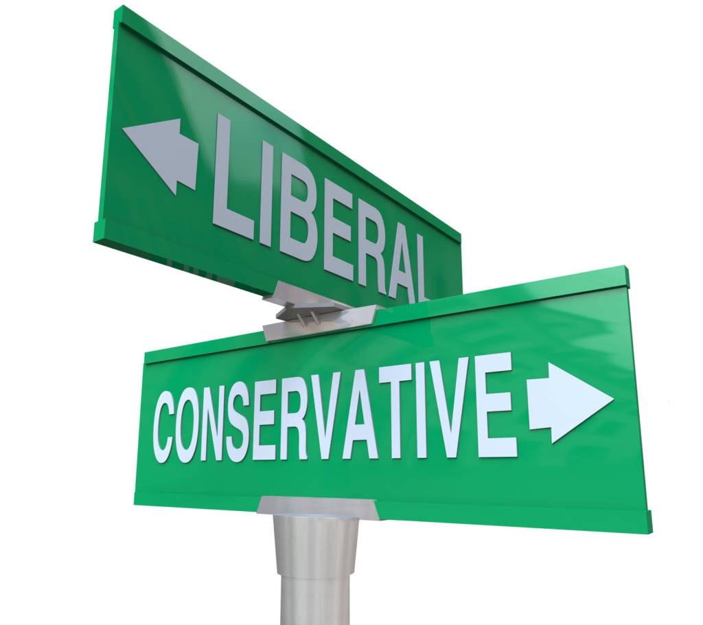Photo of street signs with the words liberal and conservative pointing in opposite directions