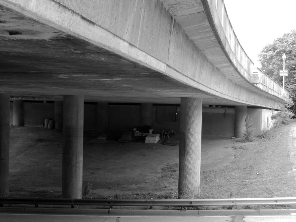 A photo of makeshift homes under a bridge