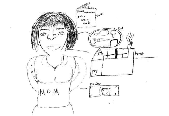 Sketch of a woman with mom written on her and objects surrounding her such as a Bible, a plate of food, a home, and money.