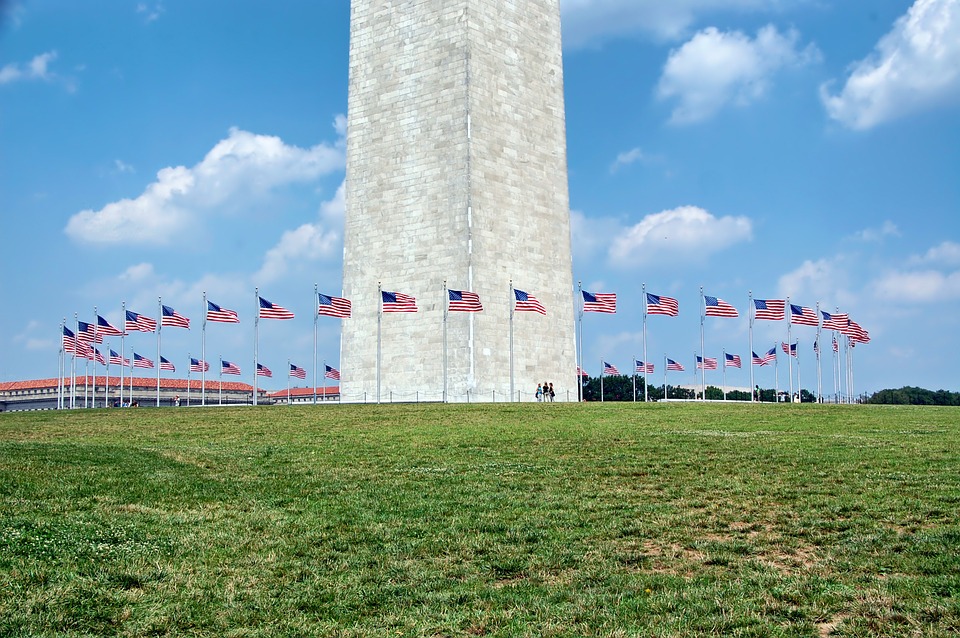 Washington Monument surrounded by American flags