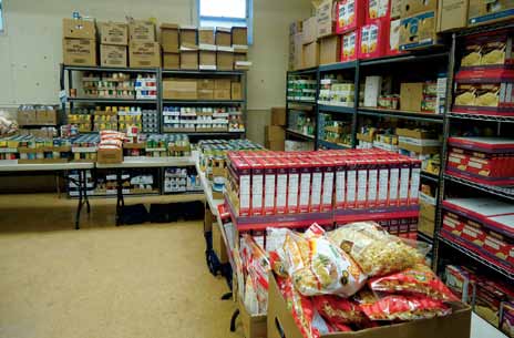 Food provided by the Capital Area Food Bank waits in a storage room at The United Church to be distributed to Foggy Bottom food pantries.