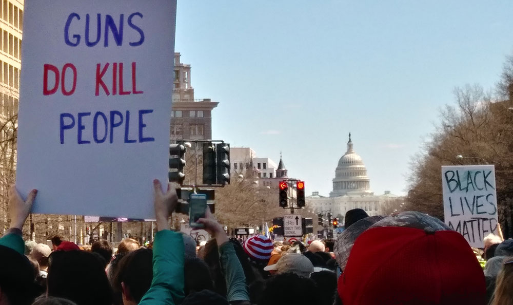Two signs above the crows, "Guns Do Kill Be People" and "Black Lives Matter," with the U.S. Capitol in the background.