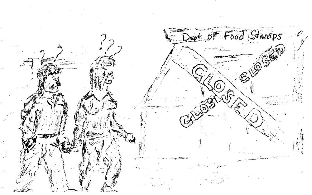Sketch illustration of two people walking toward a building labeled "Department of Food Stamps" that is closed, with strips of tape crossed, barring entrance.
