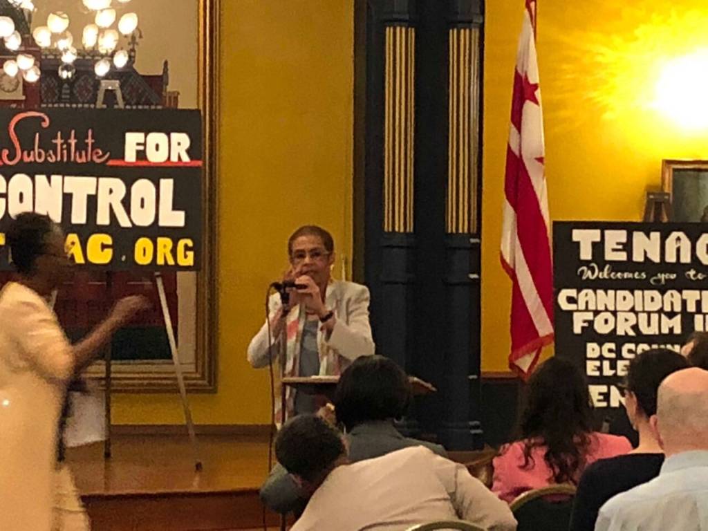 Congresswoman Eleanor Holmes Norton address the crowd in a packed room at the Charles Summer School, on 17th Street NW.