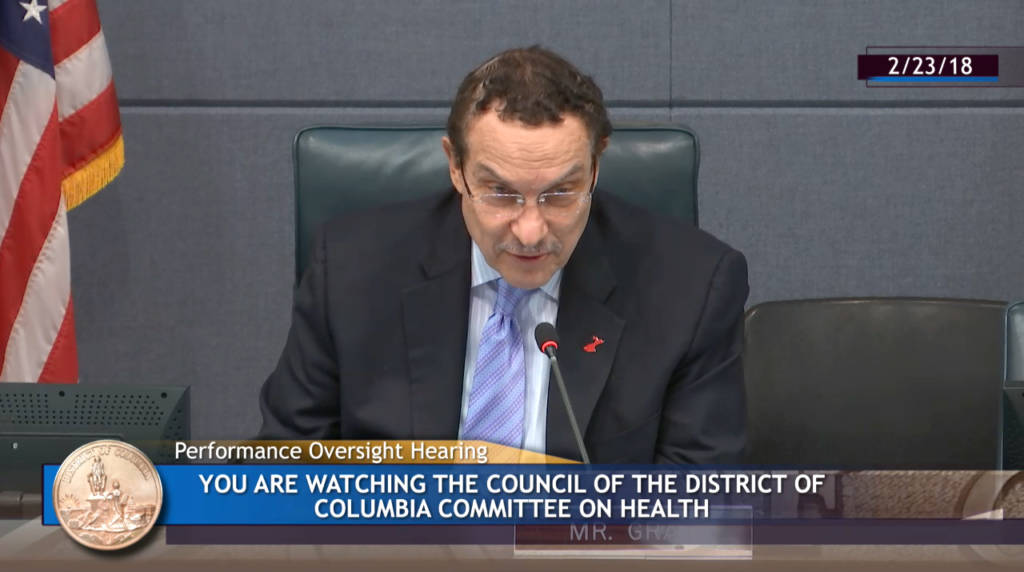 Screenshot of Committee on Health Chair Vincent Gray speaking into a microphone.