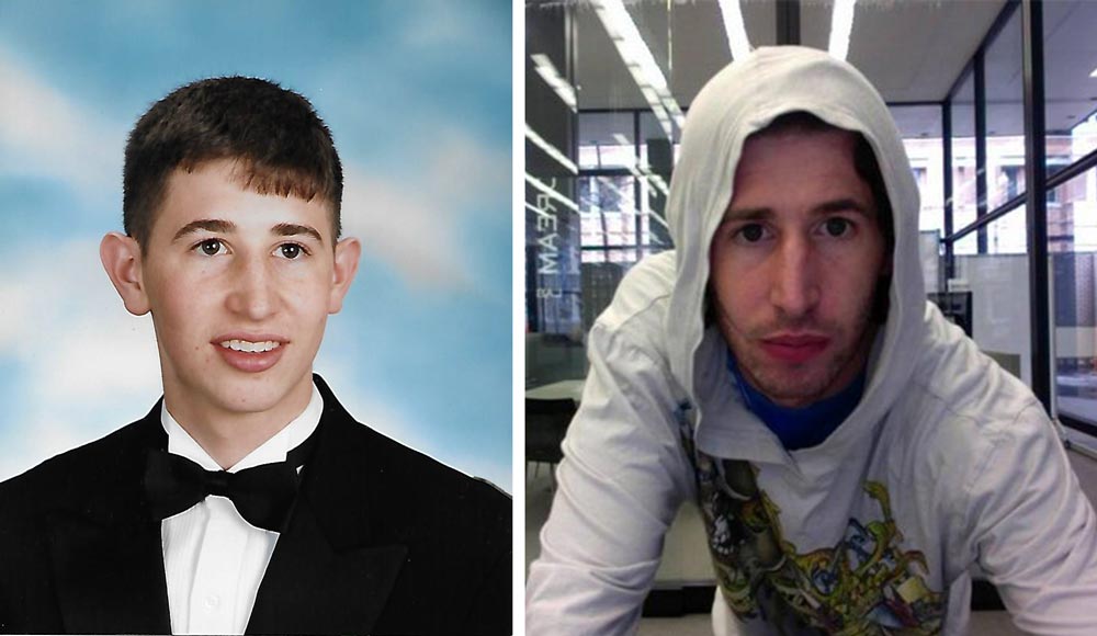 A photo on the left of a young man in a tuxedo and a photo on the right of an older man wearing a white hooded sweatshirt.