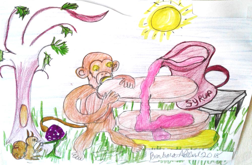 Illustration of a monkey eating a giant pancake, with syrup.