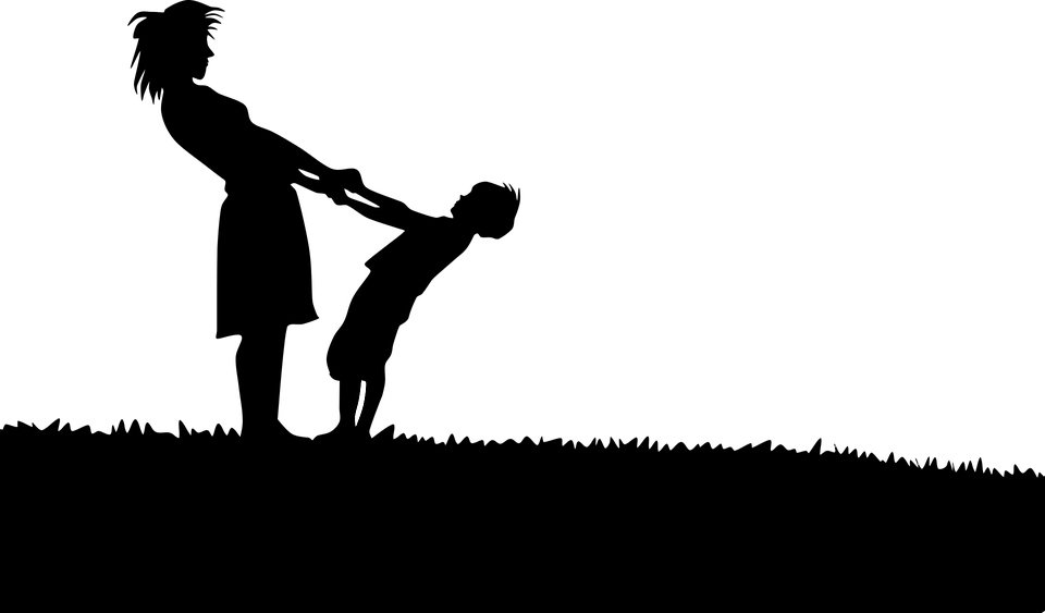A silhouette Illustration of a mother and daughter with joined hands, playing in a field.