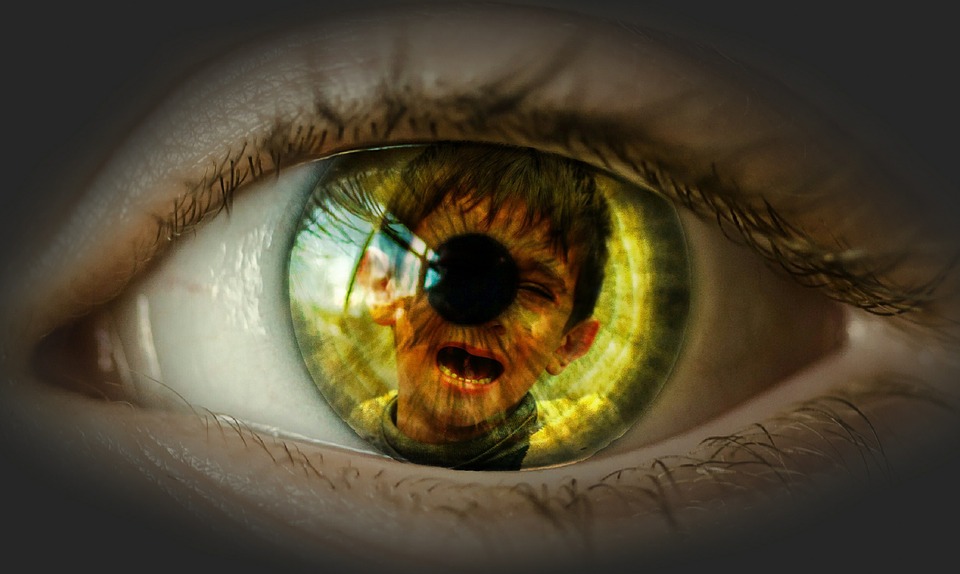 A photograph of a human eye containing an image of a crying child.