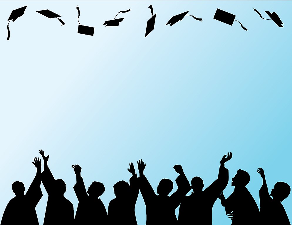 Illustration showing silhouettes of graduates throwing caps in the air.
