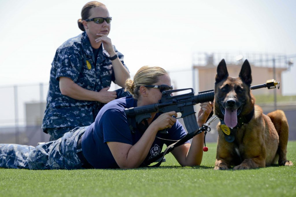 A photograph of a Navy woman training another in target practice; a service dog is present.