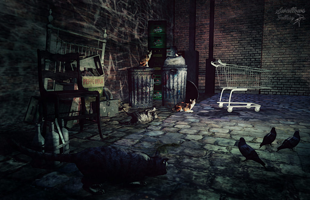 An illustration of an alley scene featuring cats and pigeons.